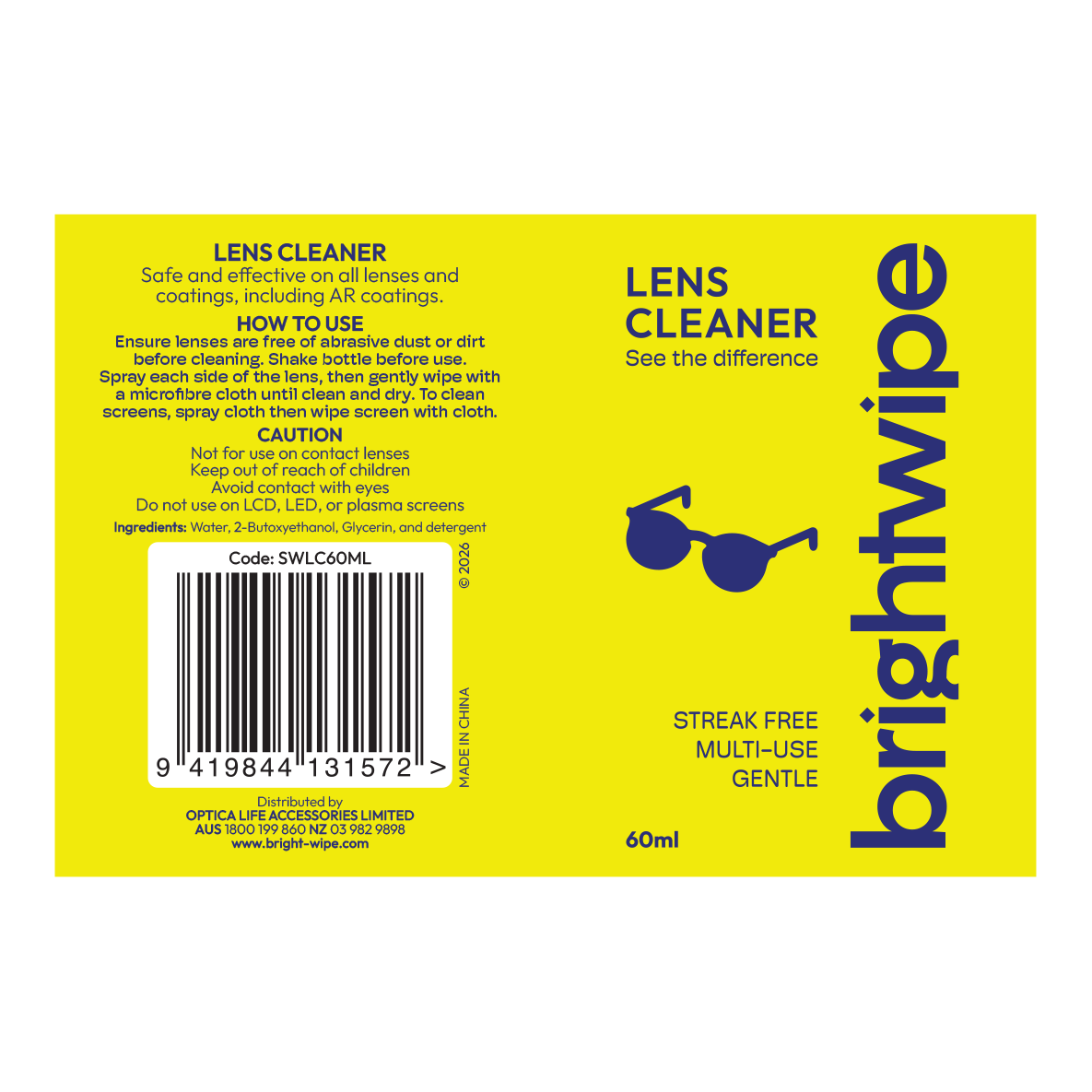 Brightwipe Lens Cleaner Spray 60ml